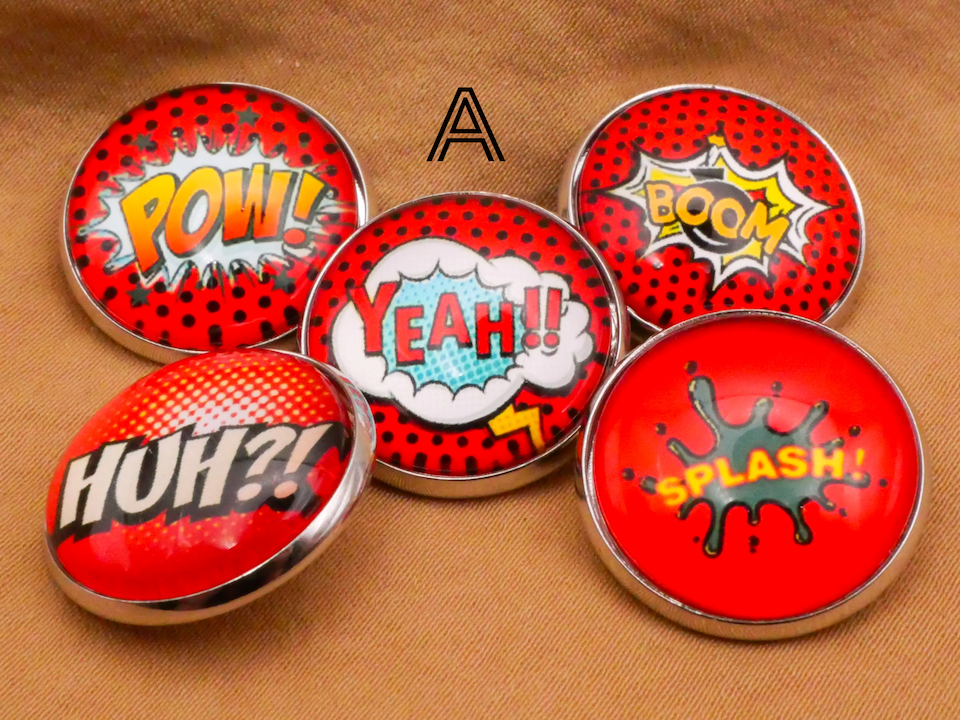 Comic Book Speech Bubble Glass Silver Metal Set of Five Button Various 20mm