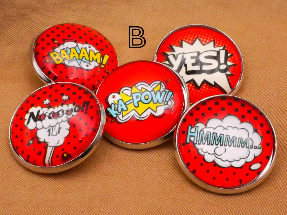 Comic Book Speech Bubble Glass Silver Metal Set of Five Button Various 20mm