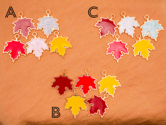 Leaf Leaves Fall Colors Enamel Metal Set of Five Charms Embellishments Various 19x24mm