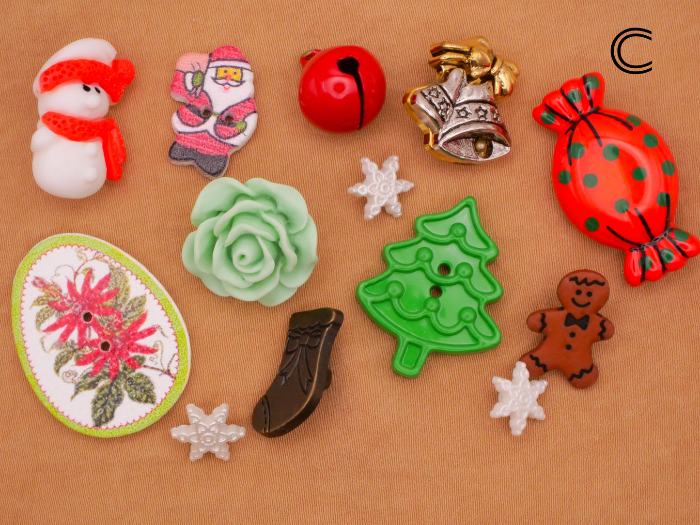 Christmas Variety Plastic Metal Wood Set of Thirteen Buttons Various 11-29mm