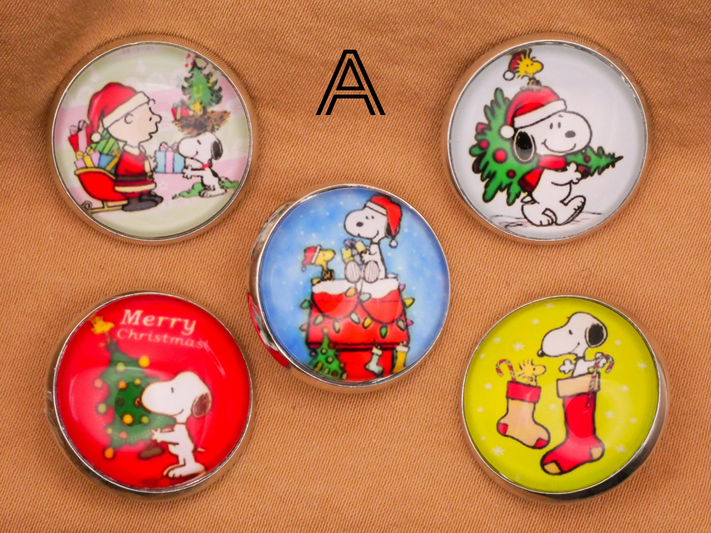 Snoopy Charlie Brown Woodstock Glass Dome Silver Metal Set of Five Buttons Various 20mm