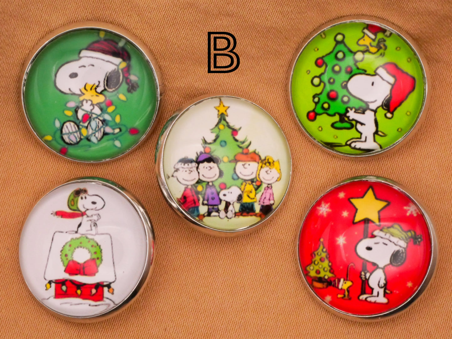 Snoopy Charlie Brown Woodstock Glass Dome Silver Metal Set of Five Buttons Various 20mm