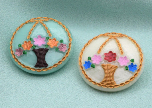 Uranium Flower Basket Czech Glass Button 23mm