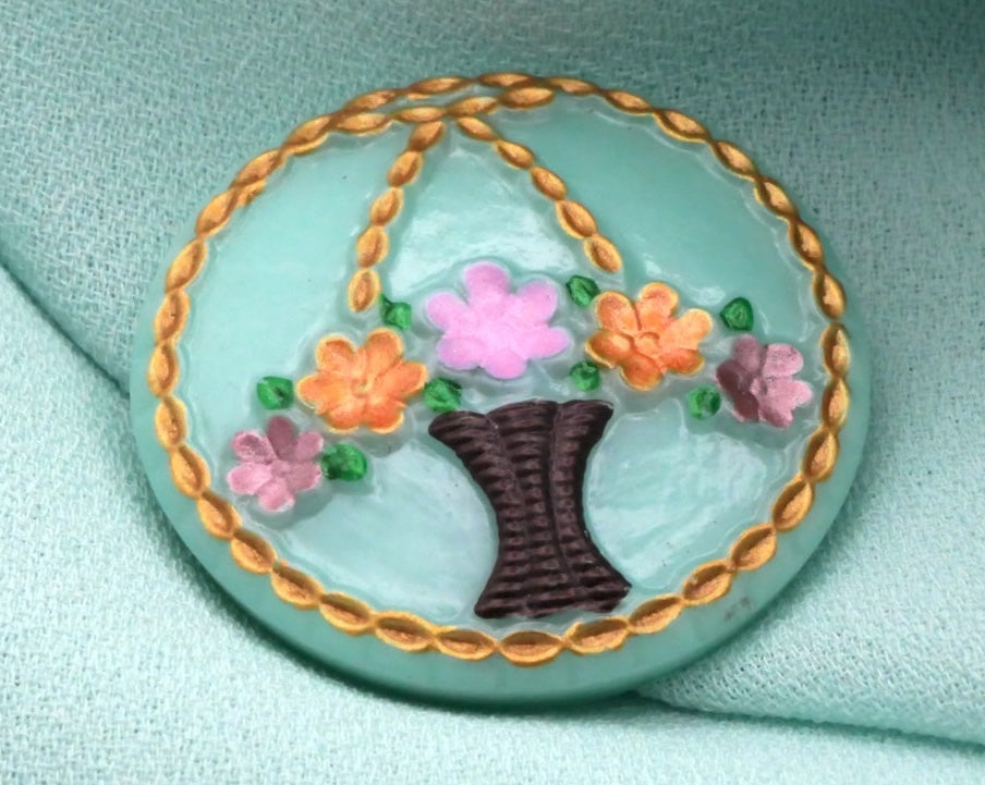 Uranium Flower Basket Czech Glass Button 23mm
