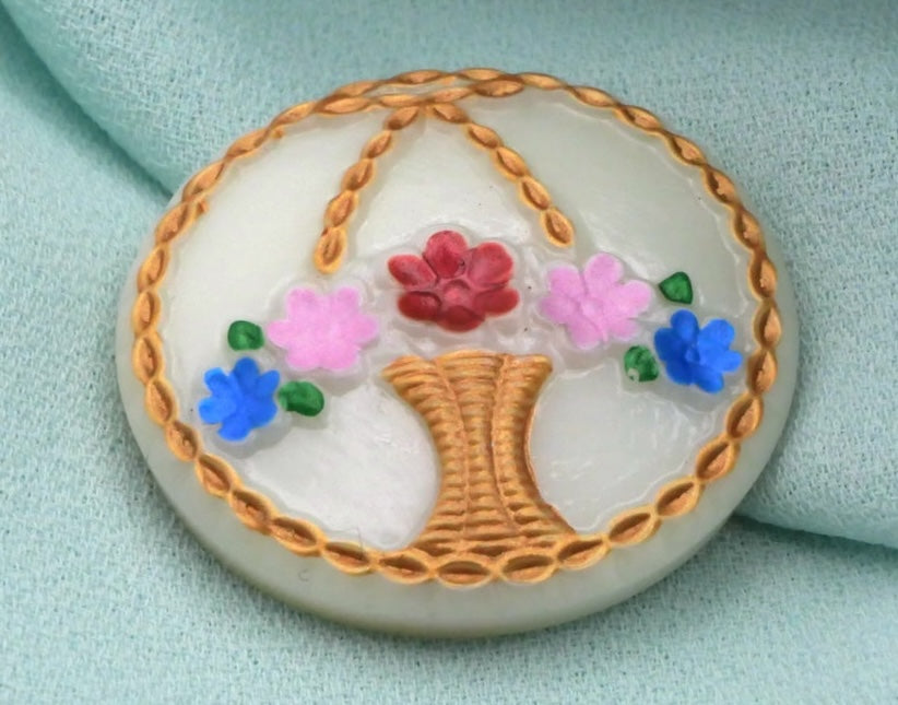 Uranium Flower Basket Czech Glass Button 23mm