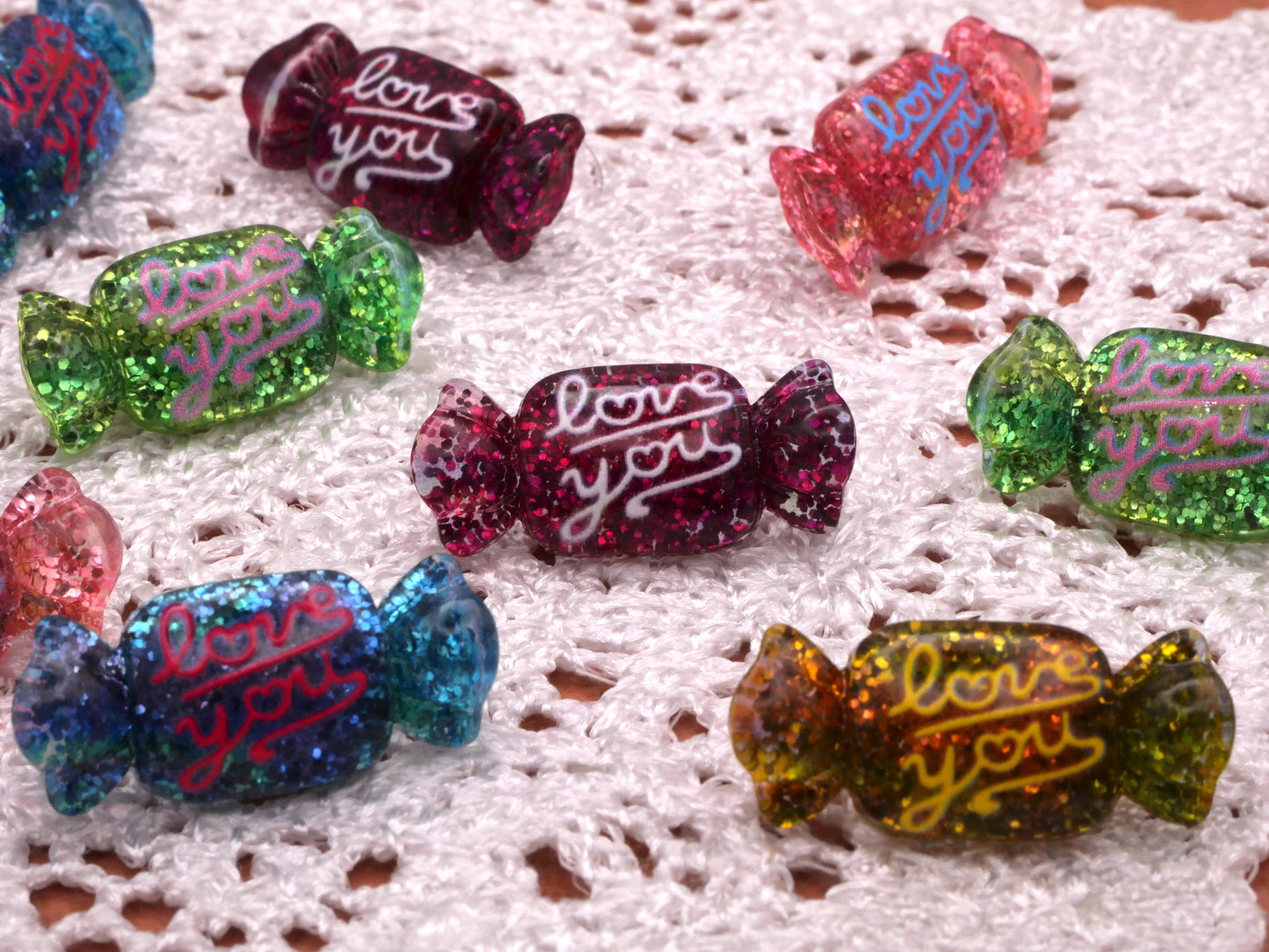 Valentine Candy "Love You" Buttons Set of Five Colors 12x26mm