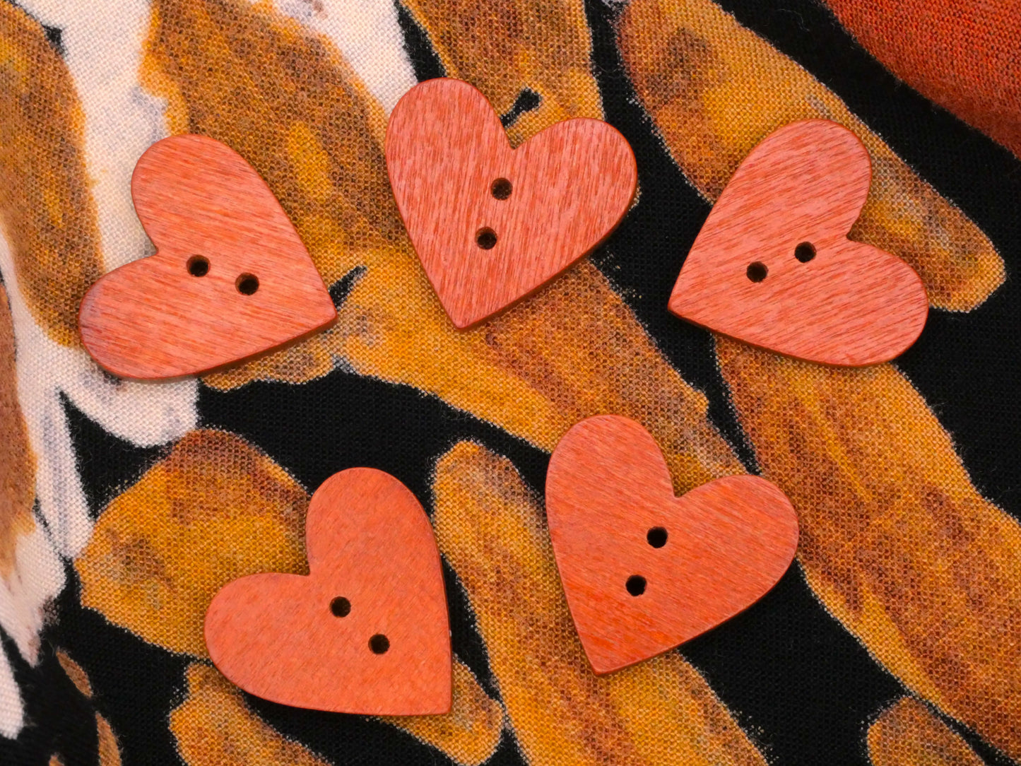 Wood Hearts Brick Rust Red Buttons Set of Five 19mm