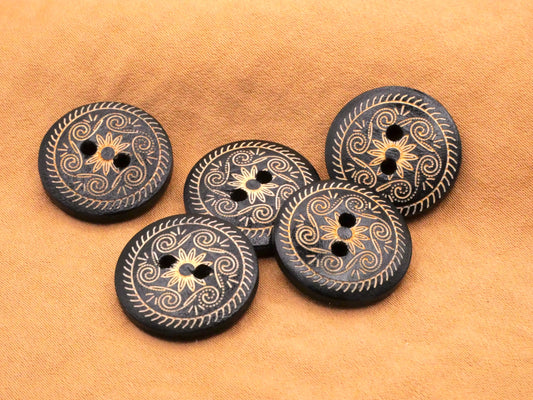 Wood Old World Swirl Star Design Set of Five Buttons 18mm