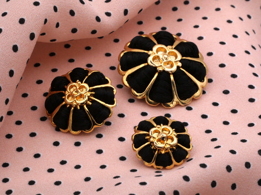 Gold Metal Flower Buttons Black Woven Ribbons Three Sizes Available 9-31mm