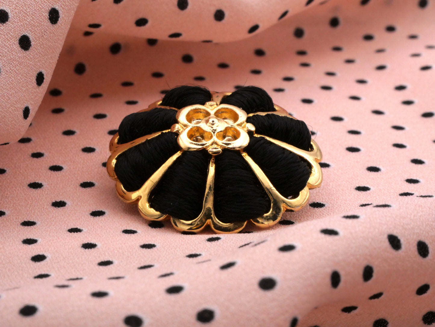 Gold Metal Flower Buttons Black Woven Ribbons Three Sizes Available 9-31mm