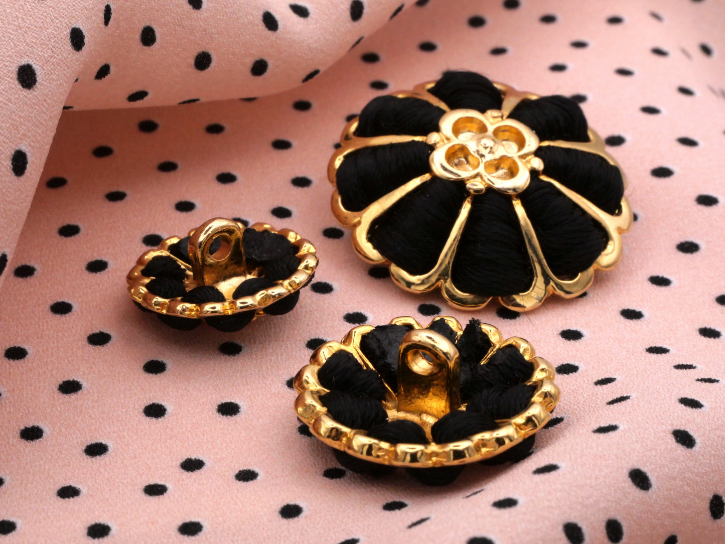 Gold Metal Flower Buttons Black Woven Ribbons Three Sizes Available 9-31mm