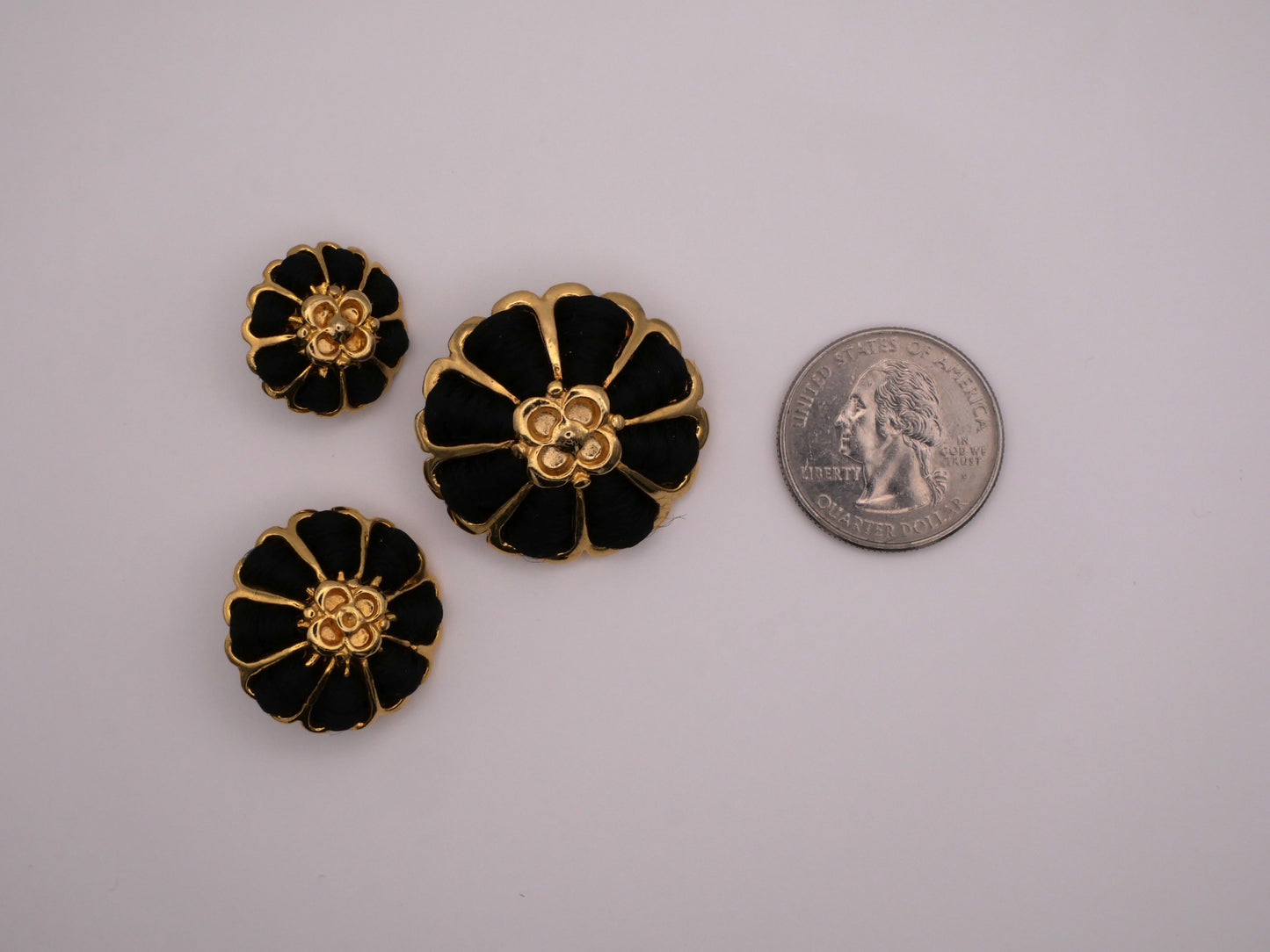 Gold Metal Flower Buttons Black Woven Ribbons Three Sizes Available 9-31mm