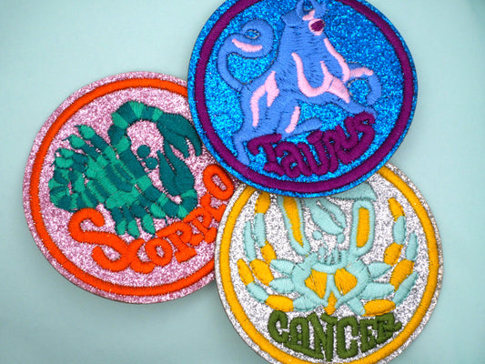 Zodiac Sign Patch Glitter Bright Colors Embroidery Patches 71mm