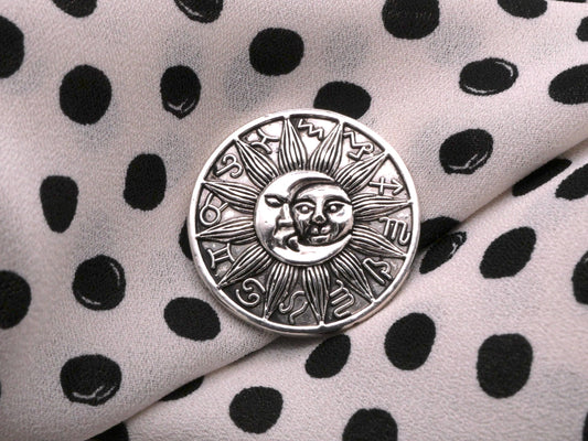 Zodiac Signs Sun Moon Silver Metal Button 25mm