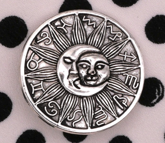 Zodiac Signs Sun Moon Silver Metal Button 25mm
